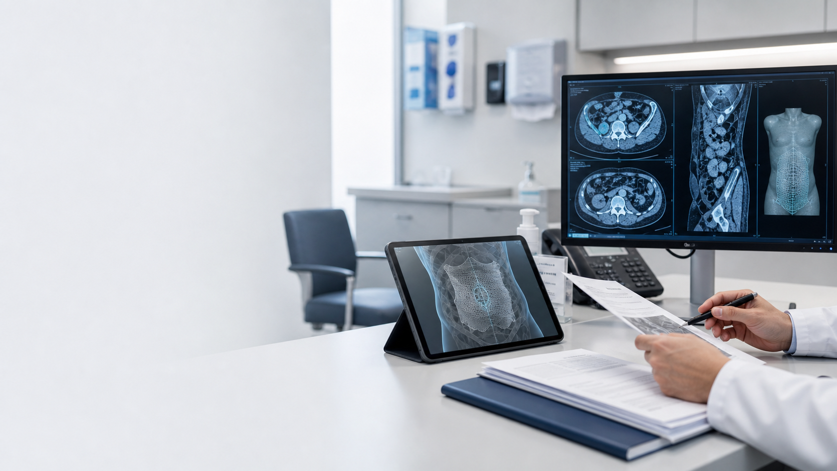 Clinician reviewing abdominal CT imaging and referral documents at a workstation