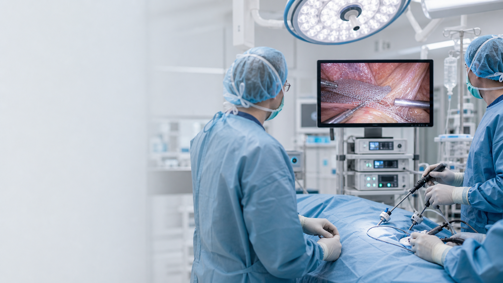 Surgical team performing minimally invasive hernia repair in the operating room